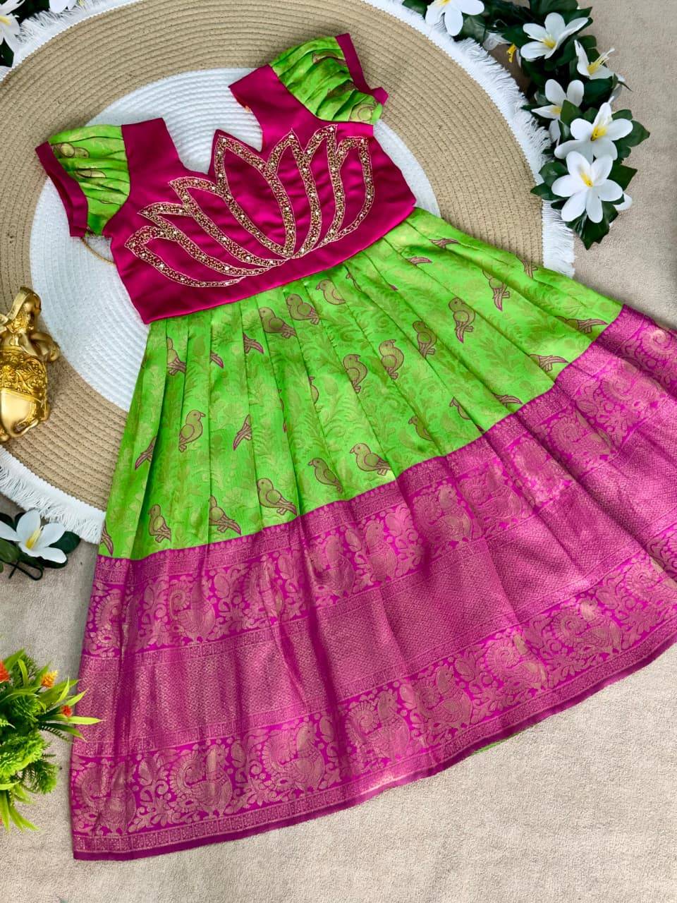 Lotus Frock Jaquard Silk Green Wholesale kids clothing suppliers in Ahmedabad